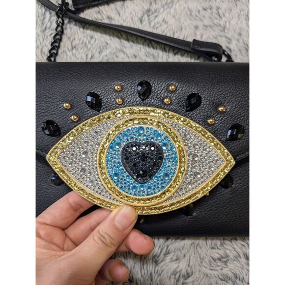 NEW Betsey Johnson Evil Eye Wallet Crossbody Purse Rhinestones Sequins Black - Picture 8 of 10